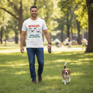 Beagle Shirt Small Dog Big Opinions funny beagle mom and dad tee front view with expressive beagle graphic