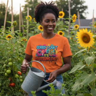 Sorry I Can't It's Watering Day T-Shirt | Gardening Graphic Tee on shown Plant Parents t-shirt - Front view showing the main design