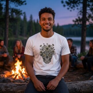 Gardeners T-Shirt - Botanical Skull Flowers - Multi Tee - front view plant lover gardening t-shirt design