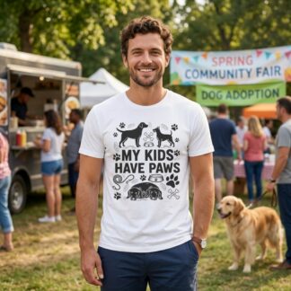 My Kids Have Paws T-Shirt | Dog Paw Print Graphic Tee on shown Dog Owners t-shirt - Front view showing the main design