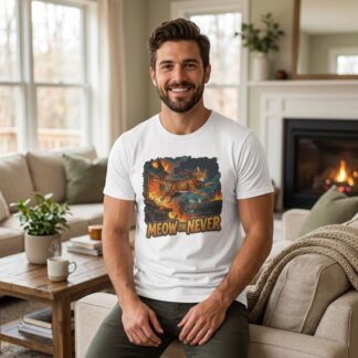 Meow or Never Cat Poster Tee | Cat Jumping Through Fire, Retro Graphic Shirt on shown Cat Lovers t-shirt - Front view showing the main design