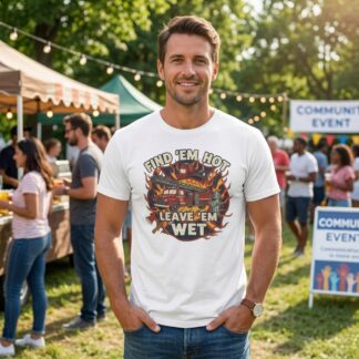 Find 'Em Hot Leave 'Em Wet Firefighter Truck T-Shirt | Fire Rescue Helmet Flames on shown Father's Day t-shirt - Front view showing the main design