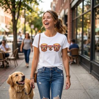Retro Sunglasses Golden Retriever Trio T-Shirt | Dog Face Tee on shown Dog Owners t-shirt - Front view showing the main design