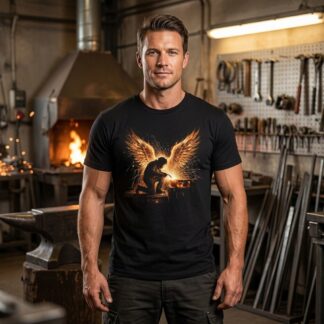 Blacksmith Angel Wings Forging Sparks Silhouette - front view of t-shirt with angel wings formed by blacksmith forging sparks