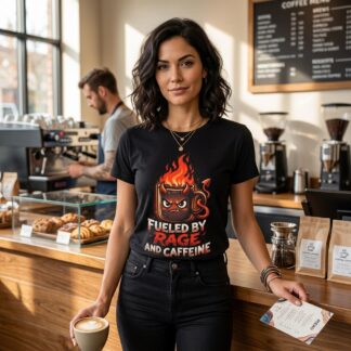 design on front Fueled by Rage and Caffeine Mug Graphic Tee — morning brew graphic tee by Art Outbreak