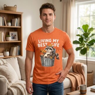 Living My Best Life Raccoon Tee | Raccoon Pizza Trash Can T-Shirt on shown Animal T-Shirts t-shirt - Front view showing the main design