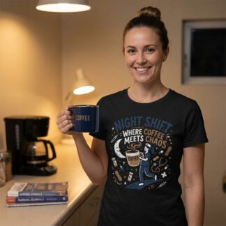 design on front Night Shift Where Coffee Meets Chaos Tee — caffeine graphic tee by Art Outbreak