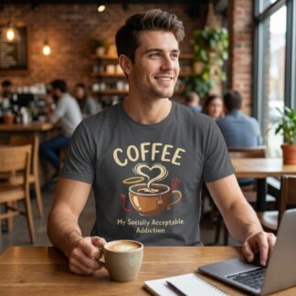Coffee My Socially Acceptable Addiction T-Shirt | Coffee Cup Graphic Tee on shown Coffee Lovers t-shirt - Front view showing the main design