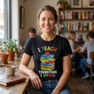 design on front I Teach Therefore I Drink T-Shirt — classroom graphic tee by Art Outbreak