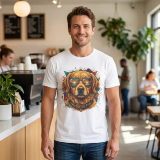 Artistic Golden Retriever Portrait T-Shirt | Colorful Dog Art Tee on shown Dog Owners t-shirt - Front view showing the main design
