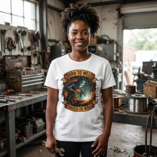 Born to Weld Forced to Work T-Shirt | Welder Graphic Tee, Welding Helmet Design on shown Father's Day t-shirt - Front view showing the main design
