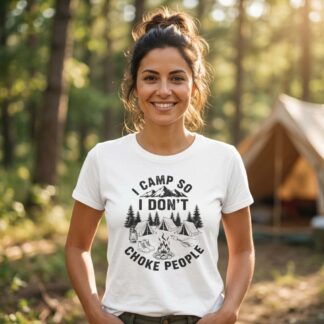 I Camp So I Don't Choke People Tee | Camping Tent Campfire Graphic on shown Camping t-shirt - Front view showing the main design