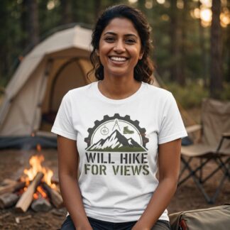 Will Hike For Views Hiking Tee | Mountain Trail Compass Boots Design