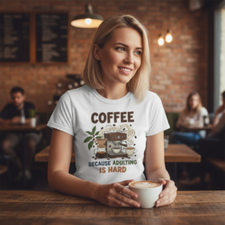 Coffee Because Adulting Is Hard T-Shirt lifestyle mockup | Art Outbreak
