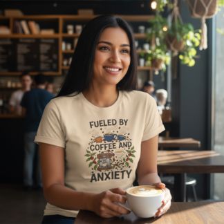 Fueled by Coffee and Anxiety T-Shirt front view | Art Outbreak
