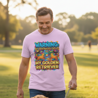 Warning May Spontaneously Discuss My Golden Retriever Tee | Golden Retriever Dog Lover Shirt on shown Dog Owners t-shirt - Front view showing the main design