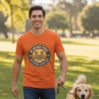 My Golden Thinks Every Person Is His Best Friend Tee | Golden Retriever Dog Shirt on shown Golden Retriever Lovers t-shirt - Front view showing the main design