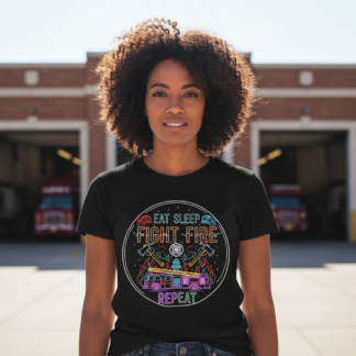 Eat Sleep Fight Fire Repeat firefighter neon engine graphic t-shirt front view with bold fire department design