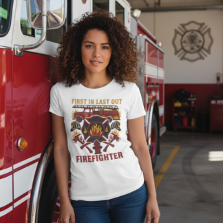 First In Last Out Firefighter tee | Firetruck Helmet Maltese Cross Design