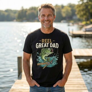 Reel Great Dad Fishing T-Shirt | Bass Fisherman Rod and Splash Design