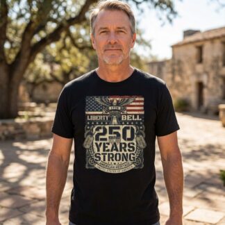 Liberty Bell 250 Years Strong T-Shirt | American Flag Patriotic Tee on shown America 250 t-shirt - Front view showing the main design