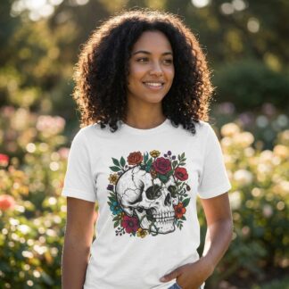 Floral Skull Tee | Rose Skull Graphic Shirt, Gothic Botanical Skull Design