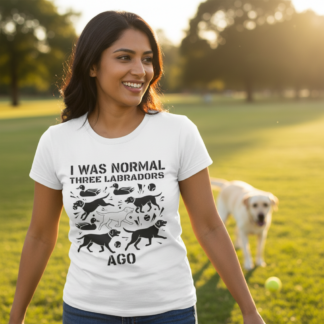 I Was Normal Three Labradors Ago T-Shirt | Labrador Dog Lover Tee on shown Labrador Lovers t-shirt - Front view showing the main design