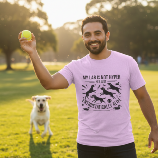 My Lab Is Not Hyper He’s Just Enthusiastically Alive T-Shirt | Labrador Dog Tee on shown Labrador Lovers t-shirt - Front view showing the main design
