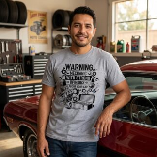 Warning Mechanic With Strong Opinions T-Shirt lifestyle photo