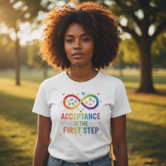 Acceptance Is The First Step tee | Autism Infinity Symbol, Rainbow Support Shirt - front view