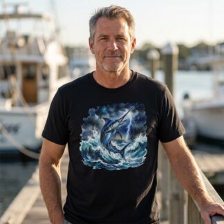 Blue Marlin Leaping Through Stormy Waves T-Shirt lifestyle photo