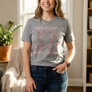 Nurse by Shift Mom All the Time T-Shirt | Nurse Mom Tee, Stethoscope Heart Design lifestyle image | Art Outbreak
