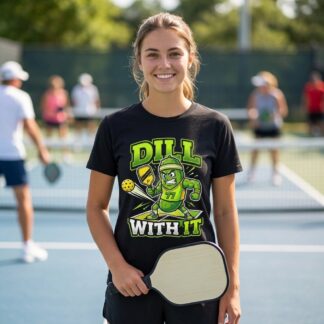 design on front Dill With It Pickle Pickleball Player Tee — court graphic tee by Art Outbreak