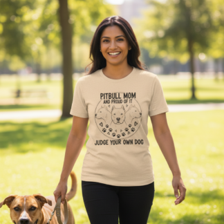 Dog Owners T-Shirt - PITBULL MOM AND PROUD OF IT - Pitbull Graphic Tee on shown Dog Owners t-shirt - Front view showing the main design