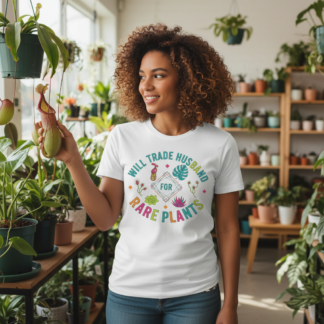 Will Trade Husband for Rare Plants T-Shirt | Plant Lover Botanical Tee on shown Plant Parents t-shirt - Front view showing the main design