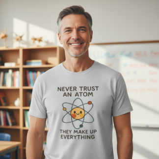 Never Trust An Atom They Make Up Everything T-Shirt - front view father's day t-shirt design