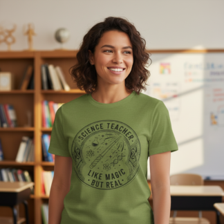 Science Teacher Like Magic But Real tee | Teacher Shirt, Science Classroom Tee on shown Science Teachers t-shirt - Front view showing the main design
