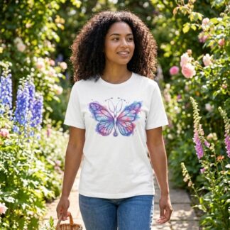 Watercolor Butterfly Tee | Pastel Blue Pink Monarch T-Shirt on blue Nurses t-shirt - Front view showing the main design