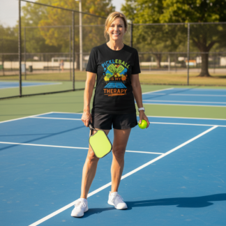 Pickleball Is My Therapy T-Shirt | Pickleball Court Paddles Balls Design on shown Pickleball t-shirt - Front view showing the main design