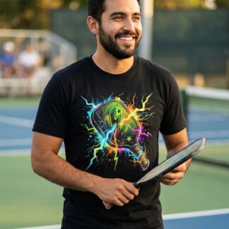 Neon Lightning Pickleball Paddle Tee - neon lightning pickleball paddle electric design t-shirt | Art Outbreak