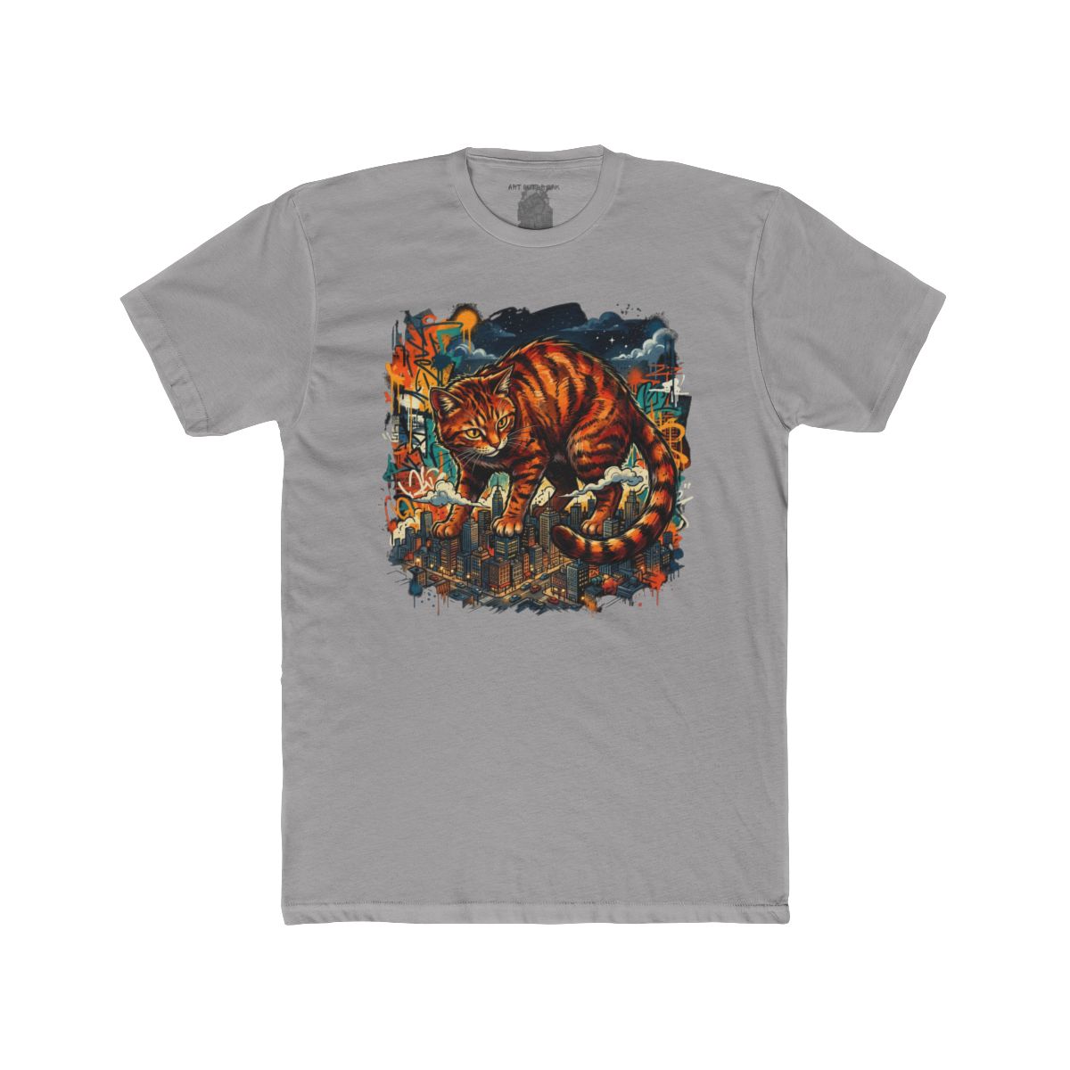 Giant Orange Tabby Cat Climbing City Rooftop T-Shirt | Urban Cat Illustration - Image 3