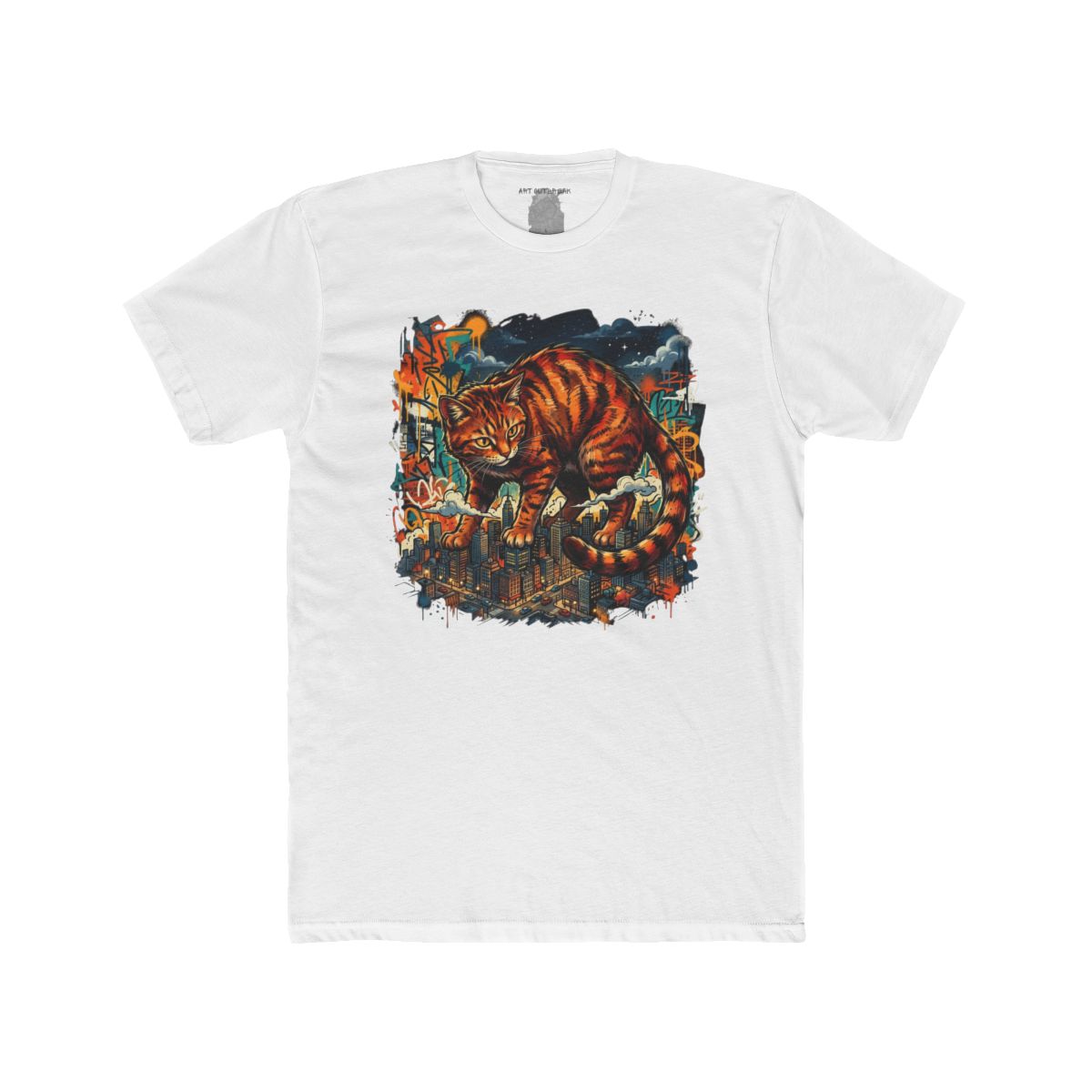 Giant Orange Tabby Cat Climbing City Rooftop T-Shirt | Urban Cat Illustration - Image 2