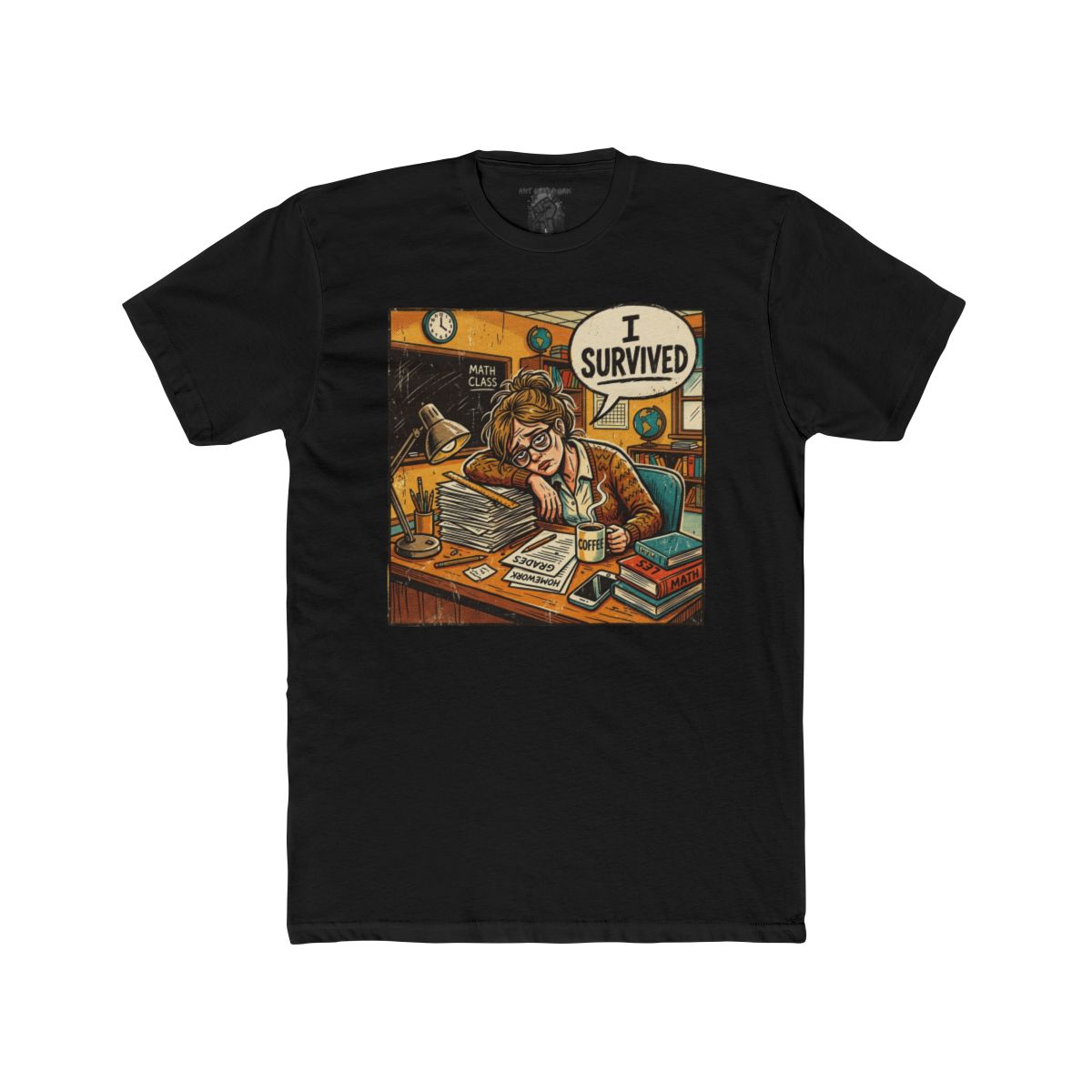 Teacher I Survived Desk Overload T-Shirt | Exhausted Teacher Illustration - Image 4