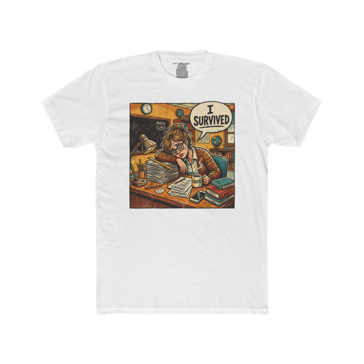 Teacher I Survived Desk Overload T-Shirt | Exhausted Teacher Illustration - Image 2