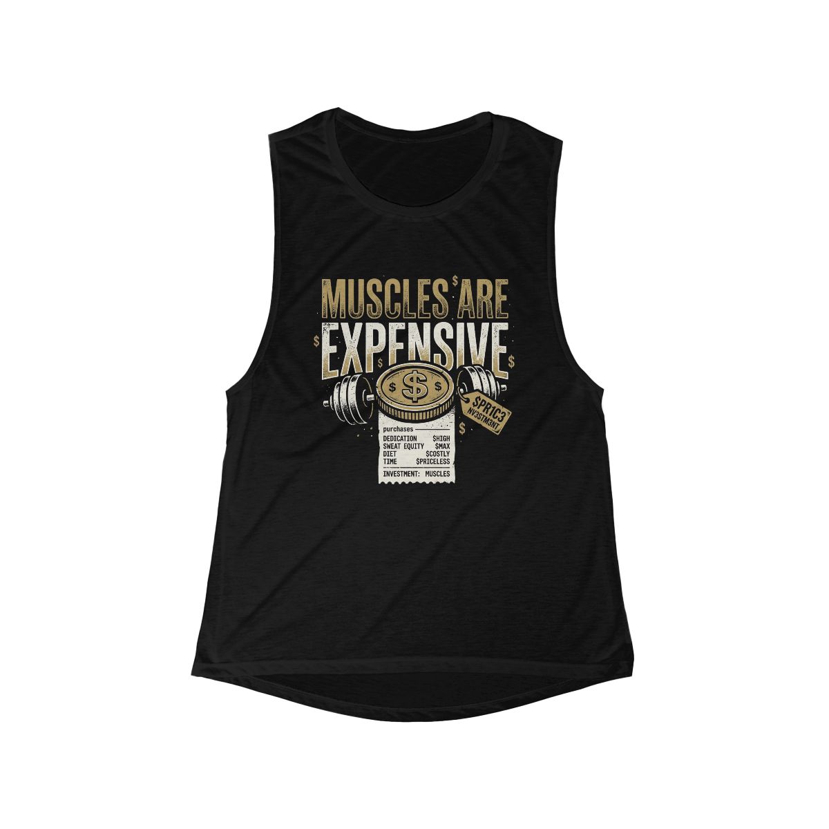 Muscles Are Expensive women's flowy scoop muscle tank top | Weightlifting barbell design, fitness humor - Image 4