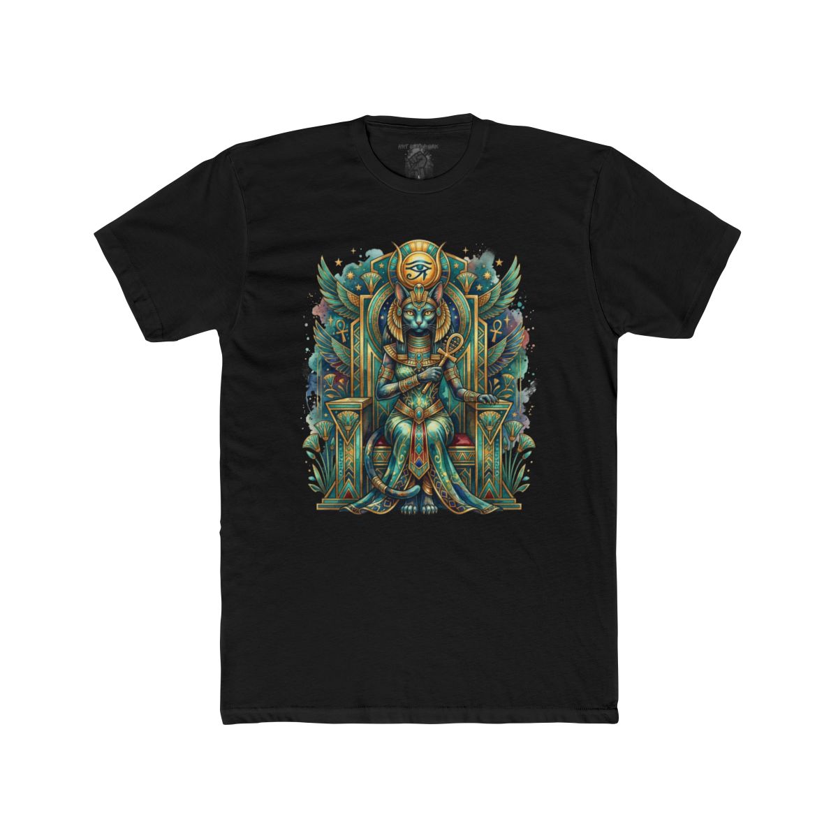 Egyptian Cat Goddess Throne Illustration T-Shirt | Pharaoh Cat Art Tee - Image 5