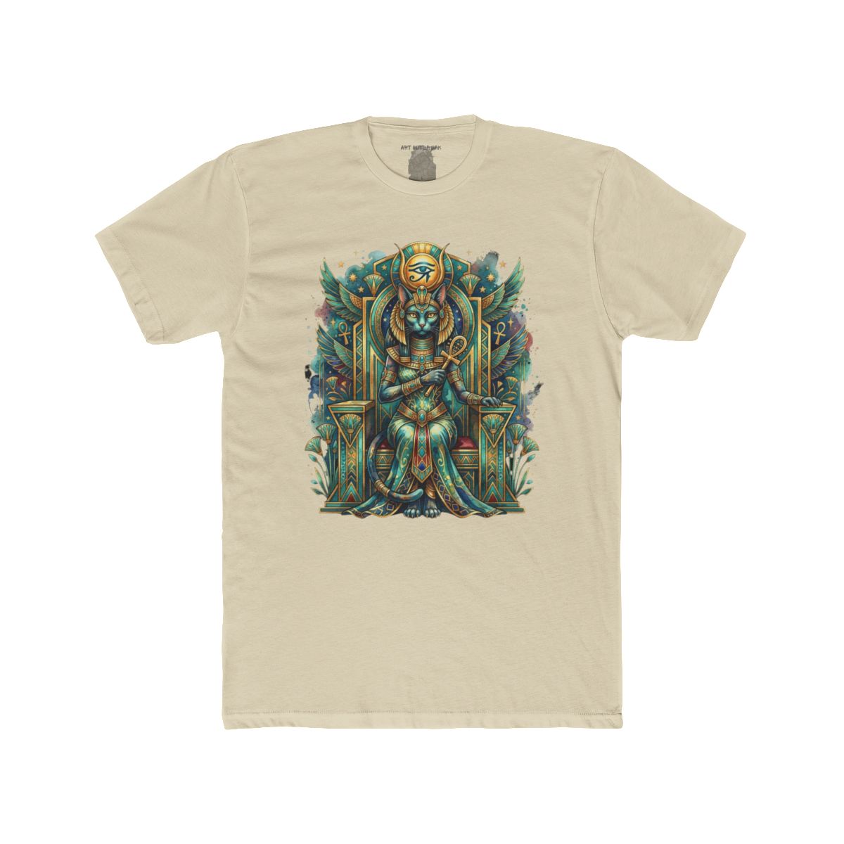 Egyptian Cat Goddess Throne Illustration T-Shirt | Pharaoh Cat Art Tee - Image 6