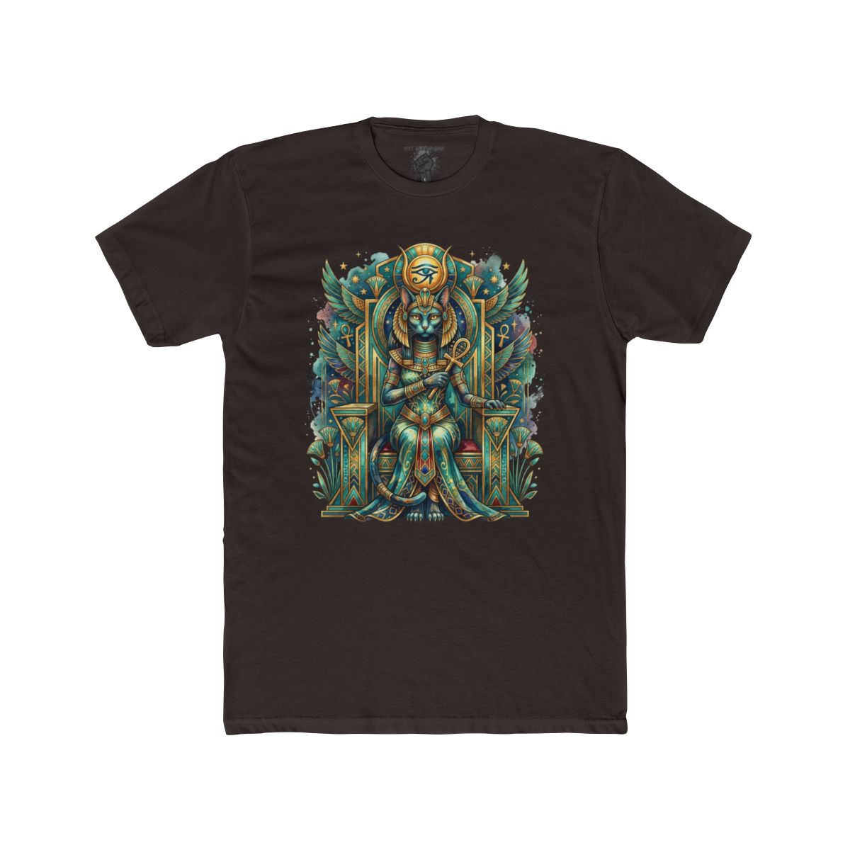 Egyptian Cat Goddess Throne Illustration T-Shirt | Pharaoh Cat Art Tee - Image 4