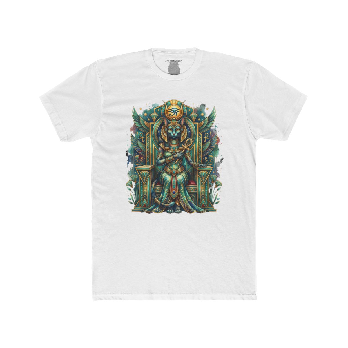 Egyptian Cat Goddess Throne Illustration T-Shirt | Pharaoh Cat Art Tee - Image 2