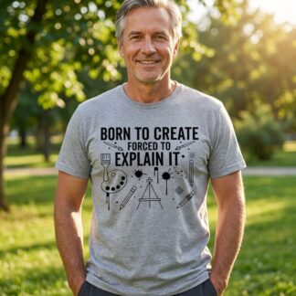 Born to Create Forced to Explain It T-Shirt t-shirt front view with graphic design and typography
